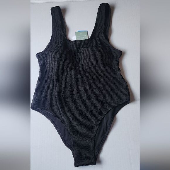 H&M Padded-Cup High-Leg Swimsuit in Black Textured Size Medium - Picture 12 of 14